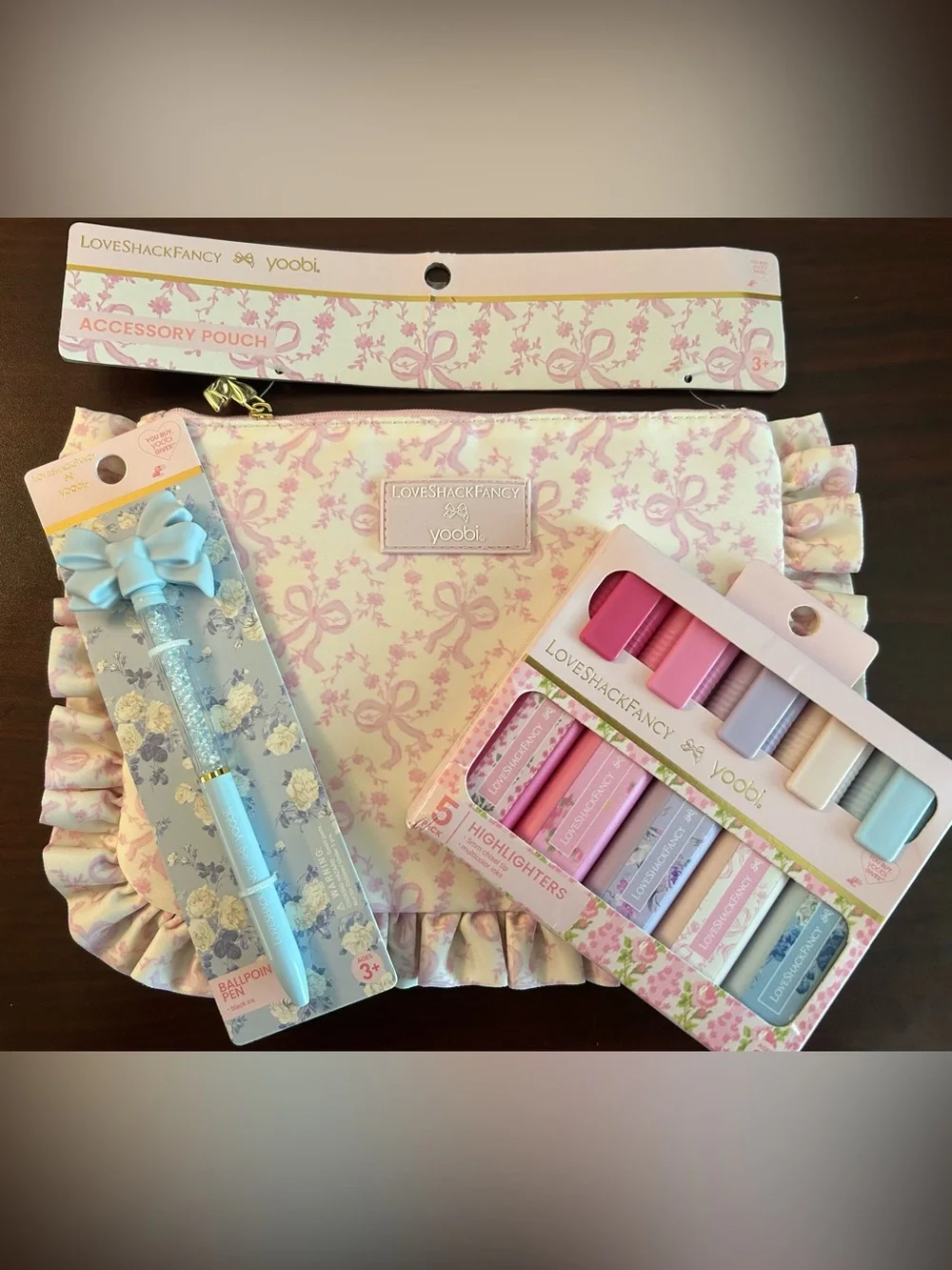 LoveShackFancy x Yoobi Pink Bow Pencil Case, Blue Bow Pen & Highlighters